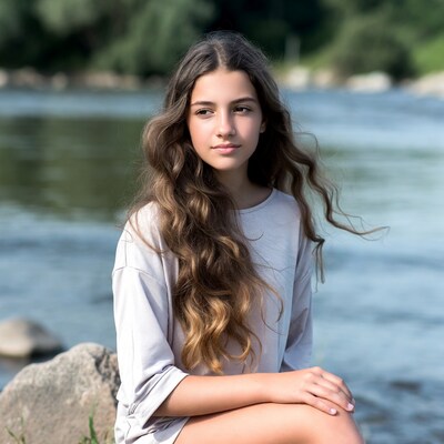 Teen girl sitting on rock by river