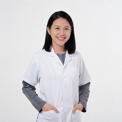 Asian woman in white lab coat