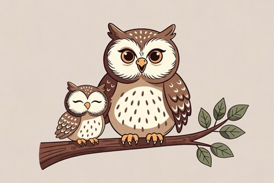 Mother owl with baby on branch