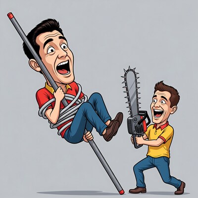 Cartoon man tied to pole with chainsaw