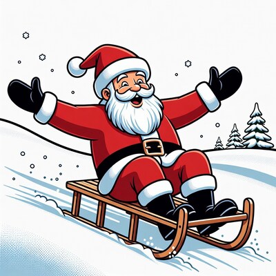 Santa Claus sledding down snowy hill