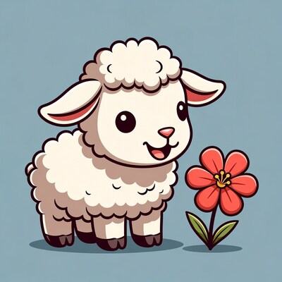 Cute cartoon lamb with red flower