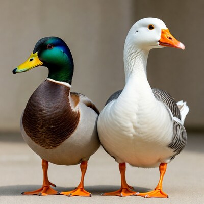 Mallard Duck and White Goose Standing Together