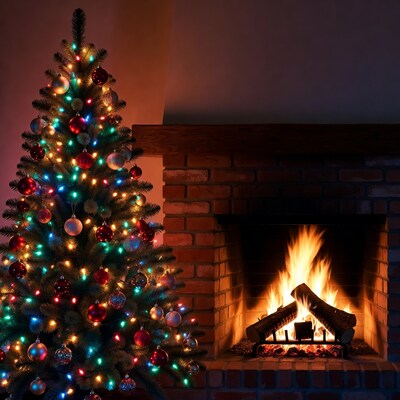 Christmas Tree by Fireplace
