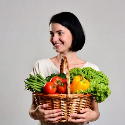 Woman holding basket of fresh vegetables