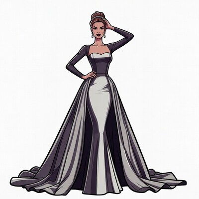 Elegant woman in black white gown illustration