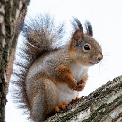 Red squirrel on tree bark