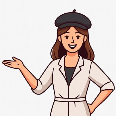 Smiling woman pointing in beret