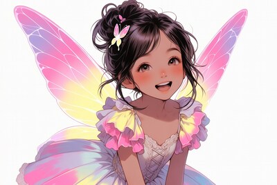 Anime girl with rainbow butterfly wings