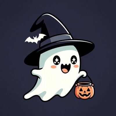 Cute ghost witch with pumpkin basket
