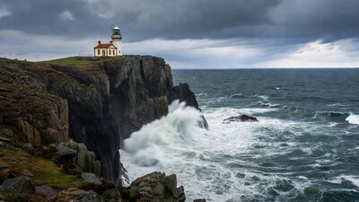 Lighthouse on Cliff Over Crashing Waves