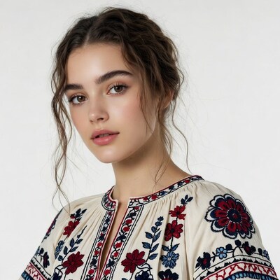 Woman in embroidered blouse close-up