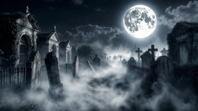 Moonlit Cemetery with Fog and Graves