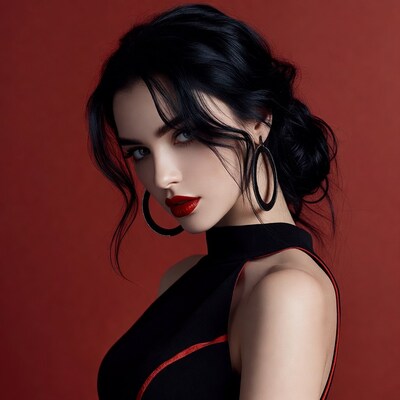 Woman with black hair red lips