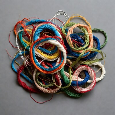 Colorful embroidery floss coils on gray