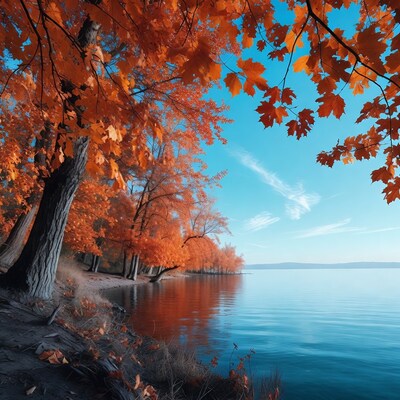 Autumn trees by lake