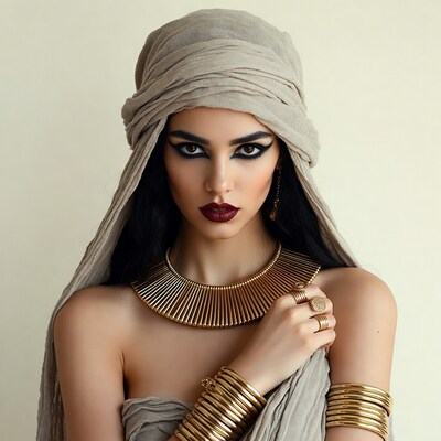 Woman in beige turban gold jewelry