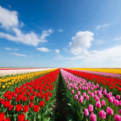 Colorful Tulip Fields Under Blue Sky