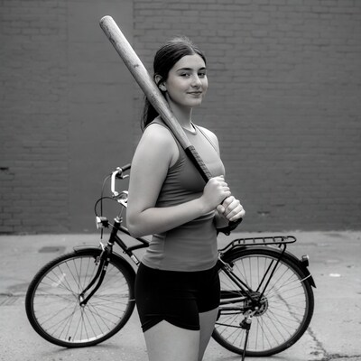 Girl holding baseball bat by bicycle