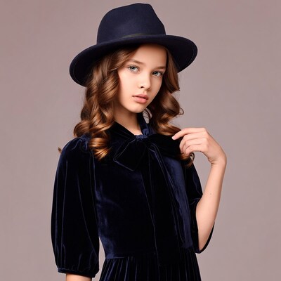 Girl in navy velvet dress and fedora hat