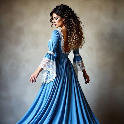 Woman in blue lace gown from behind