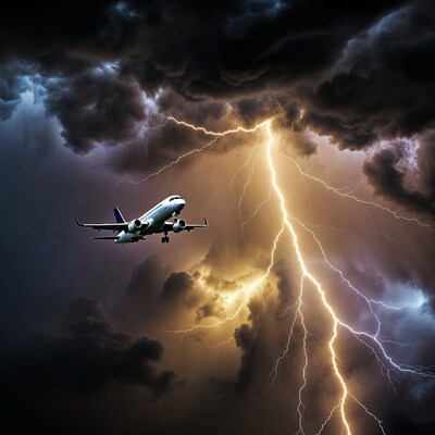Airplane flying through thunderstorm