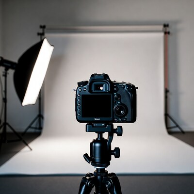 DSLR Camera on Tripod in Photo Studio