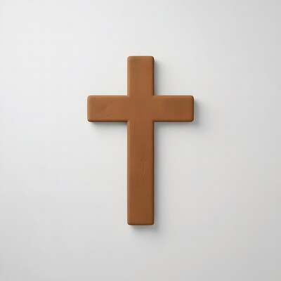 Brown wooden cross on white background