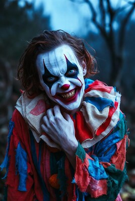 Creepy clown grinning in foggy forest