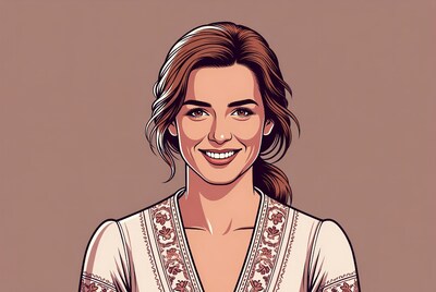 Smiling woman in embroidered blouse illustration