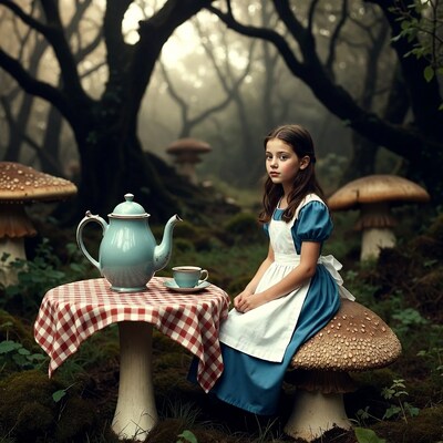 Girl in Alice costume on mushroom