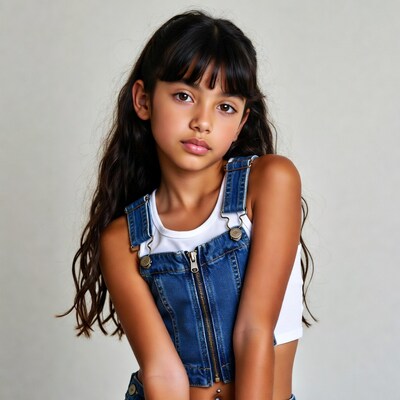 Asian girl in blue denim overalls