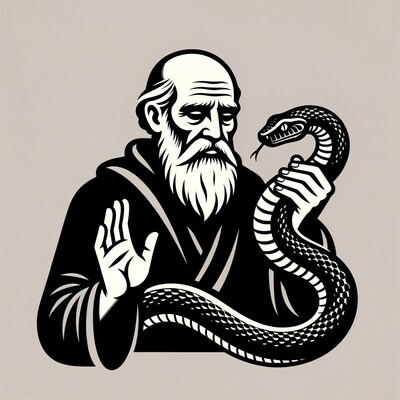 Elderly man holding snake illustration