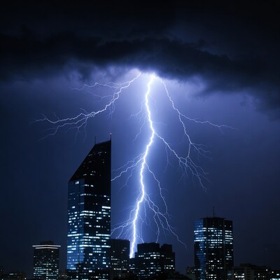 Lightning striking city skyscrapers at night