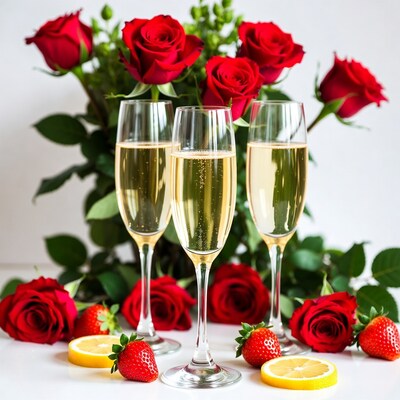 Champagne glasses with roses strawberries lemons