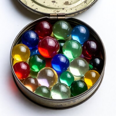 Colorful marbles in open tin