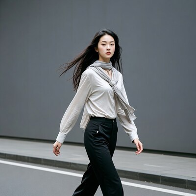 Asian woman walking in white blouse