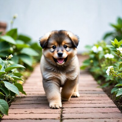Fluffy puppy walking on garden path