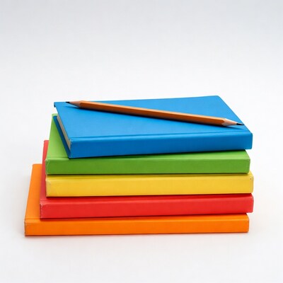 Colorful notebooks stack with pencil