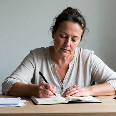 Woman writing in notebook at desk