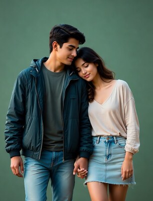 Asian couple hugging holding hands