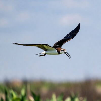 Black Skimmer Flying Over Marsh