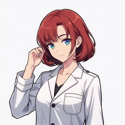 Anime girl adjusting glasses in lab coat