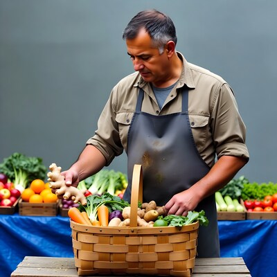 Man holding ginger in vegetable basket