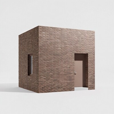 Brick cube building with door and window