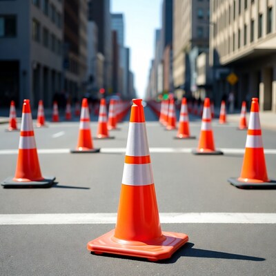 Orange traffic cones on city street