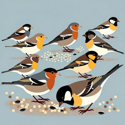 Group of finches eating seeds