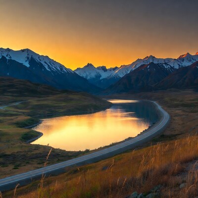 Snowy Mountains Sunset Lake Road