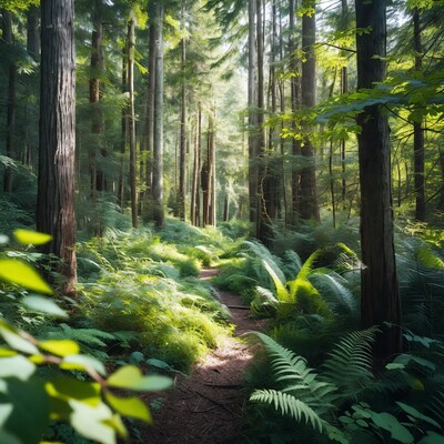 Forest Path Through Ferns and Tall Trees