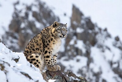 Snow Leopard on snowy rocks